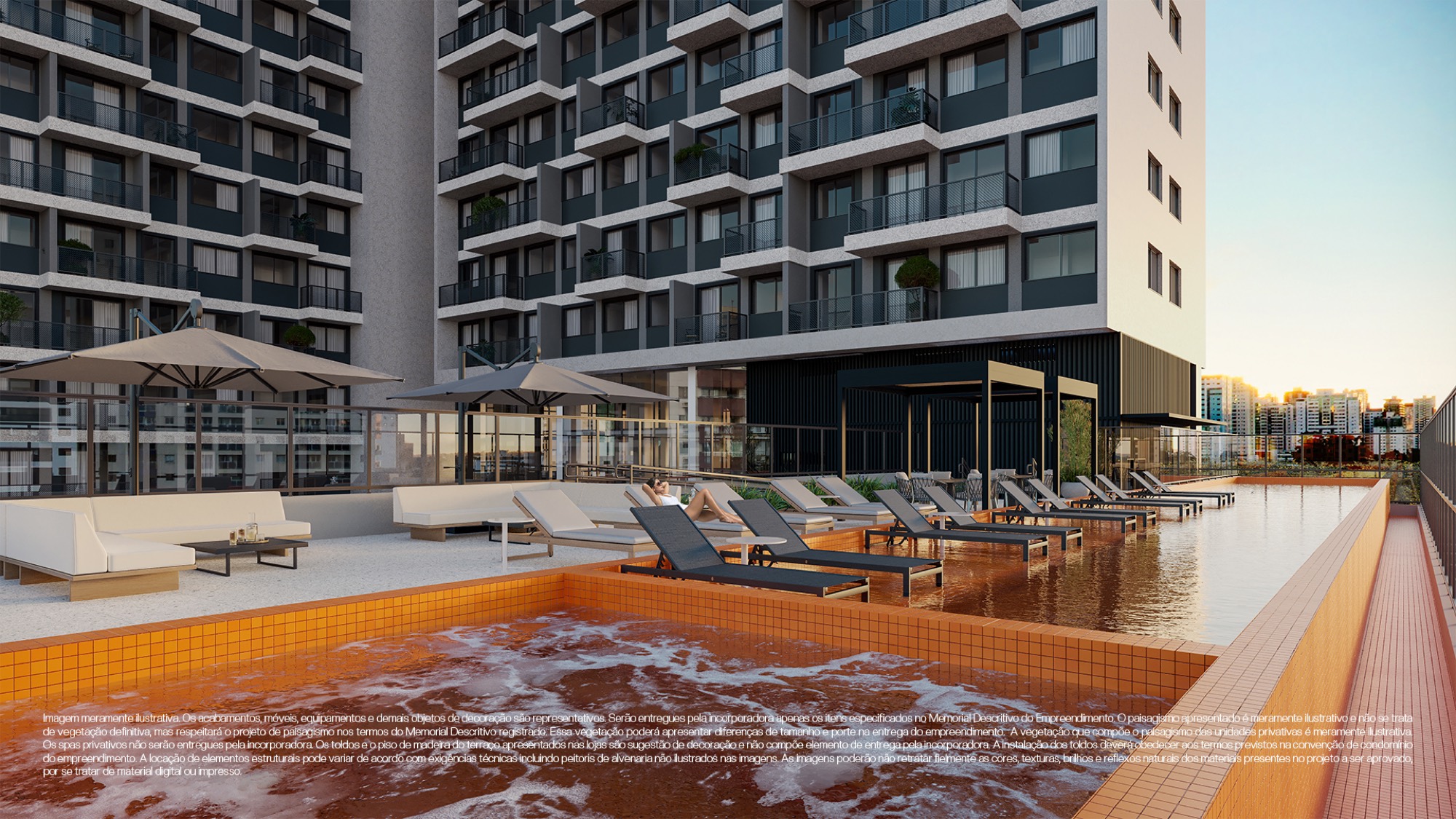 Skypool laranja com raia de 32 m no 11º pavimento do Eleva 25 Águas Claras